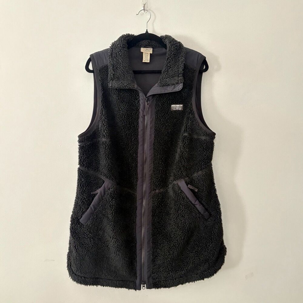 L.L.Bean Women’s XL Sherpa Fleece Vest Full Zip Black/Gray Outdoor Hiking